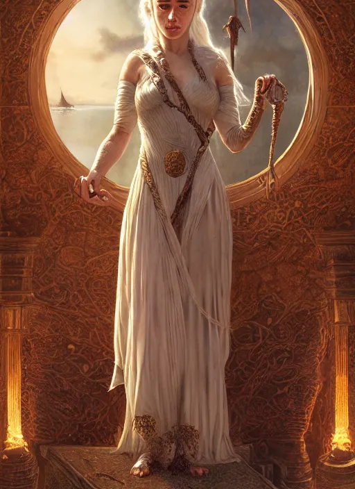 Prompt: cinematic portrait painting daenerys targaryen in fantastic dress aside dragon, royally decorated crystal gemstones incrustations, medium shot, clear symmetrical face enhancement, by lawrence alma - tadema, jaime jones, greg rutkowski, volumetric lights, deviantart contest winner, artstation, fantasy art, highly detailed, golden ratio, smooth, sharp focus