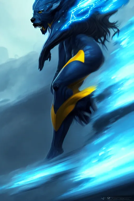 Image similar to wispy smoky full body illustration of a dark blue air elemental with yellow eyes and lightning; detailed, best on artstation, cgsociety, raymond swanland, cosmic, epic, stunning, masterpiece