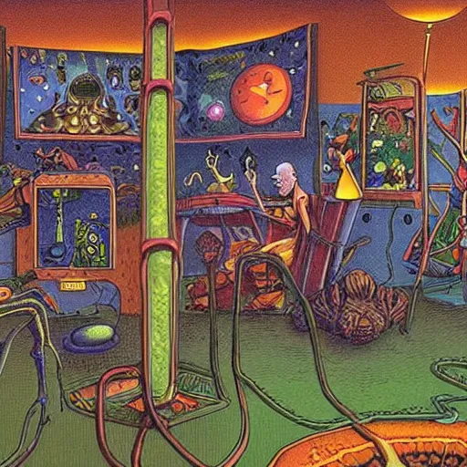 Prompt: dmt hallucination, machine elves, gary larson, far side