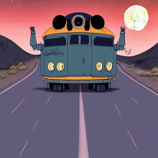 Image similar to a study of cell shaded cartoon caterpillar train from howl's moving castle ( 2 0 0 4 ) on a desert road, in front of a big moon, full body, wide shot, very muted colors, post grunge, studio ghibli, laurie greasley, highly detailed, deviantart, art by artgem