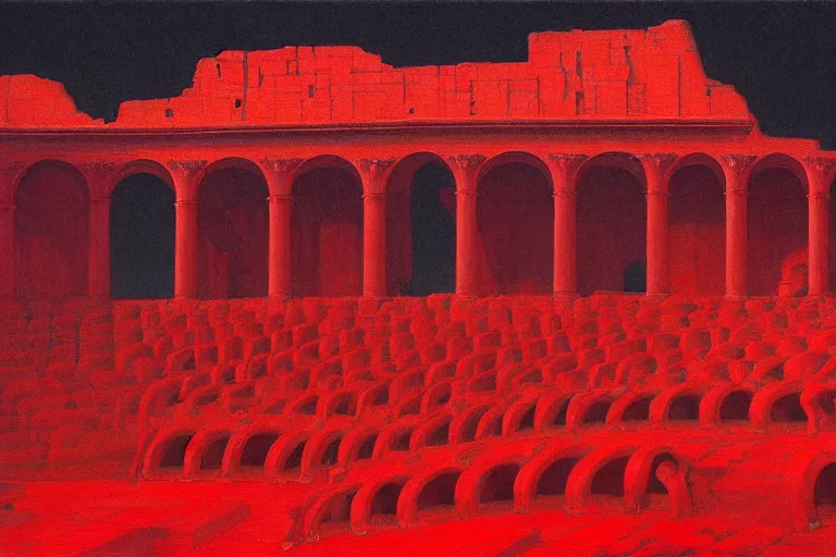 Image similar to only with red, a red melted emperor, taormina amphitheatre, crowd hails him, in the style of beksinski, parts by edward hopper, parts by rodcenko, parts by yue minjun, intricate and epic composition, red by caravaggio, insanely quality, highly detailed, masterpiece, red light, artstation, 4 k