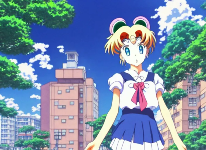 Prompt: anime fine details portrait of joyful school girl Sailor Moon stay in front of big post soviet city buildings, nature, deep bokeh, close-up, anime masterpiece by Studio Ghibli. 8k, sharp high quality classic anime from 2000 in style of Hayao Miyazaki