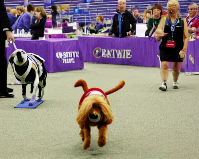 Image similar to gromit running the agility course at the westminster kennel club dog show