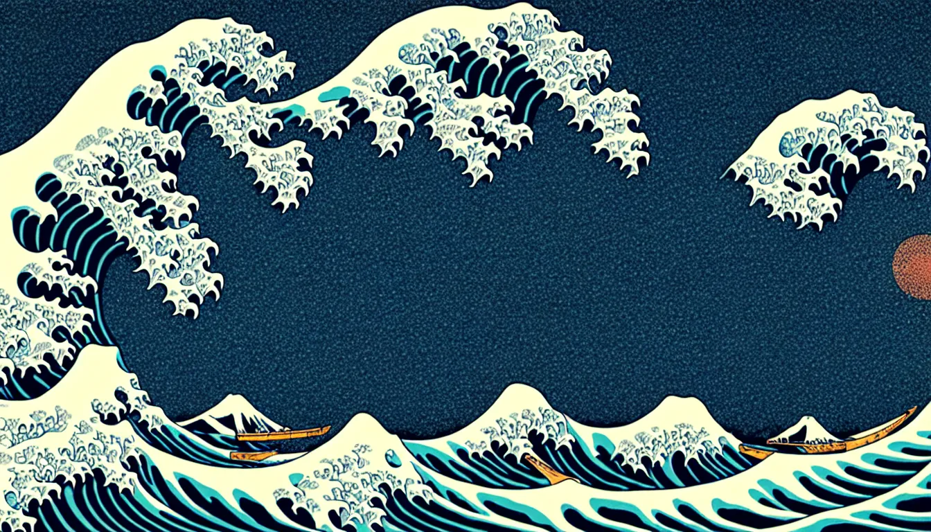 Prompt: the great wave by woodblock print, nicolas delort, moebius, victo ngai, josan gonzalez, kilian eng