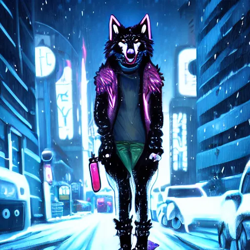 Image similar to beautiful furry art portrait commission of a furry anthro wolf fursona wearing punk clothes in the streets of a cyberpunk city at night in the snow. neon signs. character design by charlie bowater, ross tran, rick griffin, miles df, detailed, inked, western comic book art