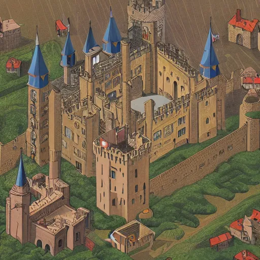 Image similar to an isometric view of crowded medieval castle in the middle of england, illustration, art, hyper detailed, foggy, cinematic