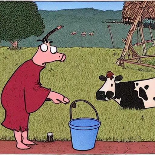 Image similar to a cow points at a bucket, far side comic by gary larson