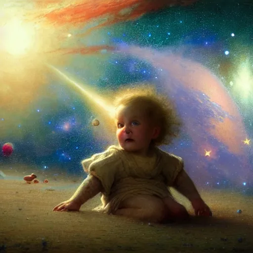 Image similar to a lonley and gloomy baby in middle of space surrounded by colorful stars planets and galaxies, high detail, by gaston bussiere, bayard wu, greg rutkowski, odd nerdrum, maxim verehin, dan dos santos, masterpiece, sharp focus, cinematic lightning