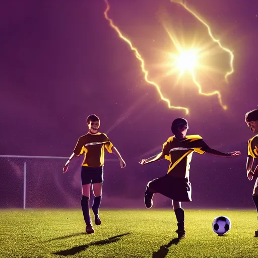 Image similar to 3 Football players play soccer with sun on the space soccer field, heroic, cinematic lighting