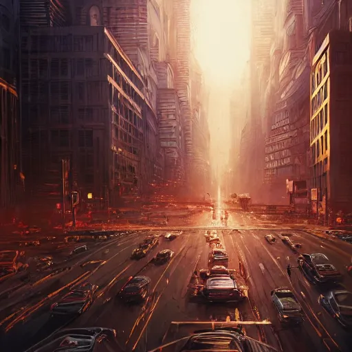 Image similar to detailed intricate digital illustration by greg rutkowski and artgerm and wlop and sanford robinson gifford ; anatomical human veins loom over city intersection ; 1 3 mm film, arri alfa anamorphic lens ; sharp focus ; golden hour, trending on artstation 8 k