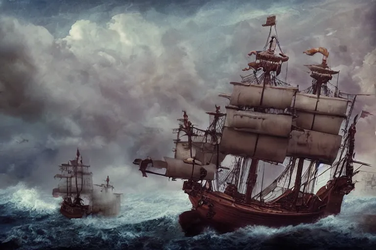 Image similar to epic pirate ship cannon battle in a storm, in the style of vernon grant and chris van allsburg, trending on artstation, bright tilt - shift camcorder effect, photoshop, retrowave, hyperrealism, octane, sharp focus, masterpiece