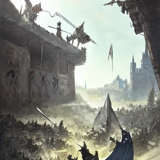 Image similar to a beautiful medieval battle between Knight, Templar against Orc, in anime style highly detailed by Raphael Lacoste, greg rutkowski, makoto shinkai