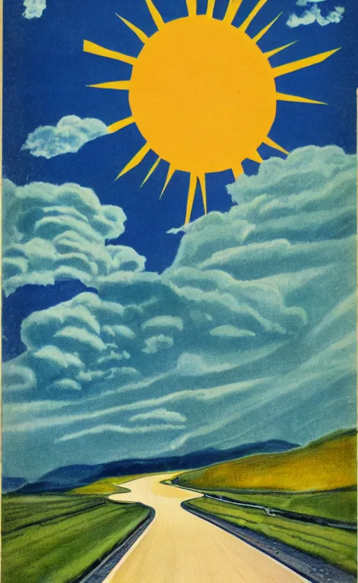 Prompt: paperback book cover. 1 9 5 0 s. pure colors, melting clouds, accurately drawn details, a sunburst above a receding road with the light reflected in furrows and ruts, after rain.