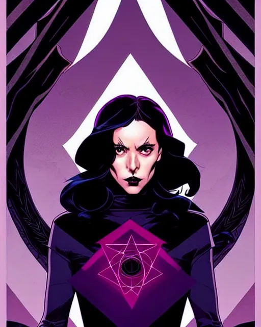 Image similar to rafael albuquerque comic cover art, artgerm, joshua middleton, pretty stella maeve witch doing black magic, serious look, purple dress, symmetrical eyes, symmetrical face, long black hair, full body, twisted evil dark forest in the background, cool colors