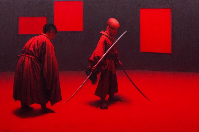 Image similar to only with red, a red samurai do seppuku, tokio, a lot of frogs watch, in the style of beksinski, parts by edward hopper, parts by rodcenko, parts by yue minjun, intricate and epic composition, red by caravaggio, insanely quality, highly detailed, masterpiece, red light, artstation, 4 k