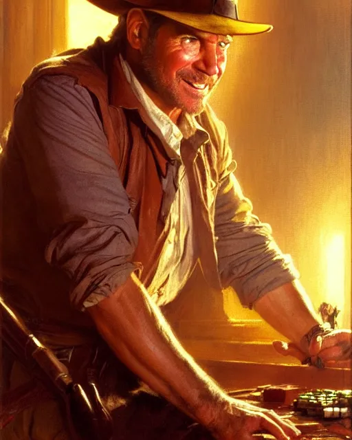 Image similar to attractive 4 5 year old man watching the movie indiana jones on his desktop computer, watching the screen gleefully, golden hour painting by gaston bussiere, craig mullins, j. c. leyendecker