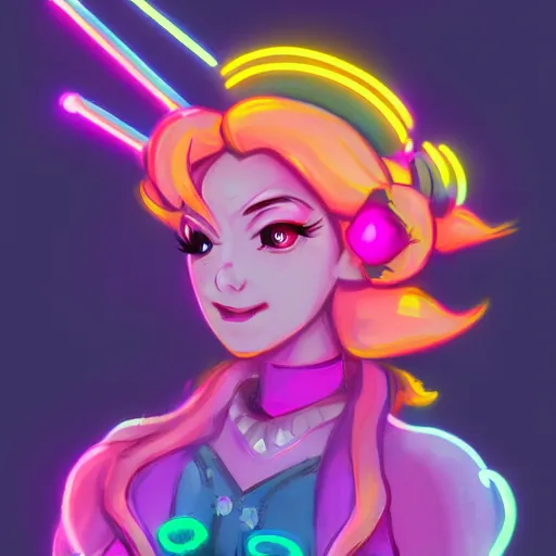 Image similar to Princess peach mixed with jinx from league of legends with neon lighting, trending on artstation, by WLOP