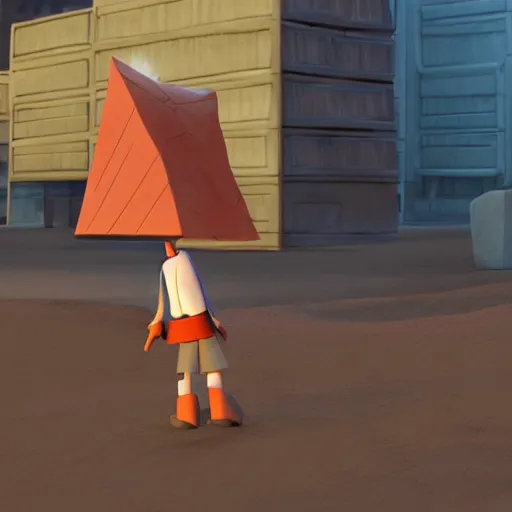 Image similar to silent hill's pyramid head in toy story, pixar style, cute colorful adorable, cgi render