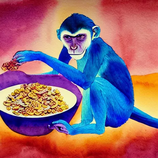 Prompt: watercolour portrait of vibrant coloured psychedelic monkey eating a bowl of cheerios beside a campfire on a warm autumn day, 4 k, detailed