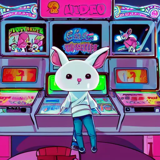 Prompt: a small, cute, white, anthropomorphic with pink eyes rabbit in an arcade, there are arcade machines in the background, the rabbit has a mischievous look on their face, digital art, high detail, vibrant colors, neon lighting, 8 k, chibi, anime, adorable