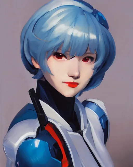 Image similar to greg manchess anime style portrait painting of rei ayanami as an overwatch character, medium shot, asymmetrical, profile picture, organic painting, sunny day, matte painting, bold shapes, hard edges, street art, trending on artstation, by huang guangjian and gil elvgren and sachin teng