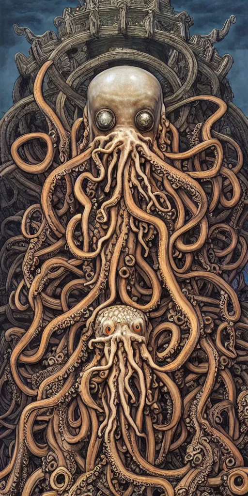 Image similar to group of human mages with octopus heads arguing with prehistoric jellyfish medusa colossal head in an ancient mage castle hall enormous scale, gothic and baroque, brutalist architecture, ultradetailed, Intricate by James Jean and Josan Gonzalez and John Howe and Giuseppe Arcimboldo