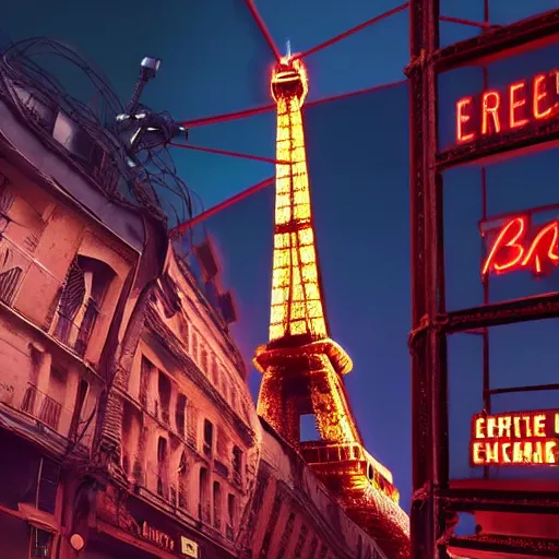 Prompt: A beautiful intricate 8K award-winning ground-level cinematic movie photograph of the future rusting remains of Eiffel Tower, surrounded by neon and collapsing corporate video billboard displays. in the year 2050, by Bruno Delbonnel and greg rutkowski. octane render, Arri Alexa 65. Cinematic lighting