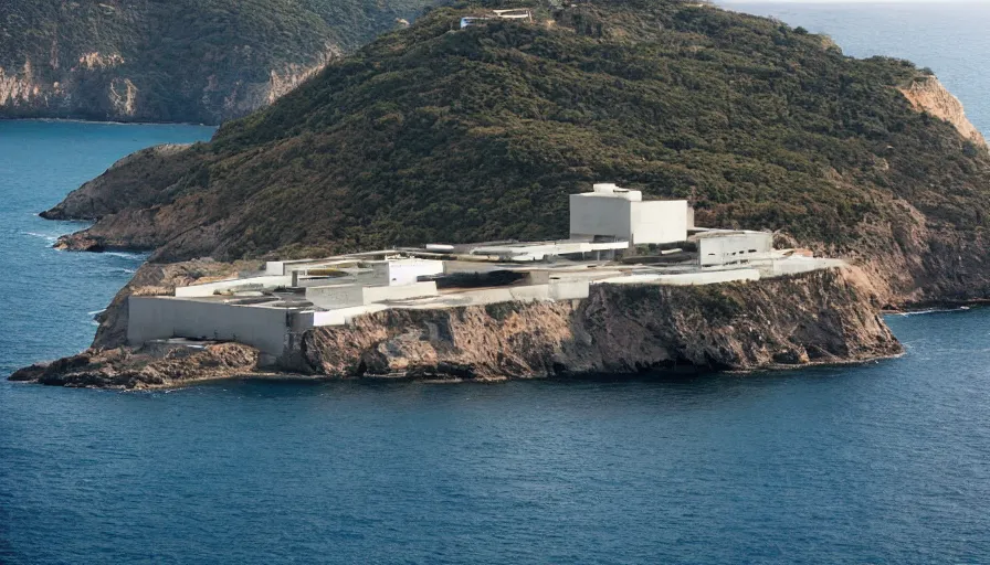 Prompt: big military base perched on a cliff overlooking a magnificient bay, drawing architecture, pritzker architecture prize, greig fraser