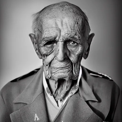 Image similar to color photo, cloes up portrait of a blind 100 year old war veteran by richard avedon, realistic, Leica, medium format, cinematic lighting, parallax, high resolution,