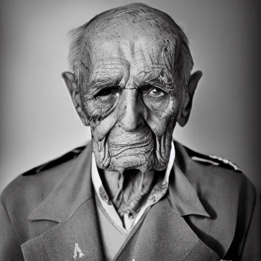 Prompt: color photo, cloes up portrait of a blind 100 year old war veteran by richard avedon, realistic, Leica, medium format, cinematic lighting, parallax, high resolution,