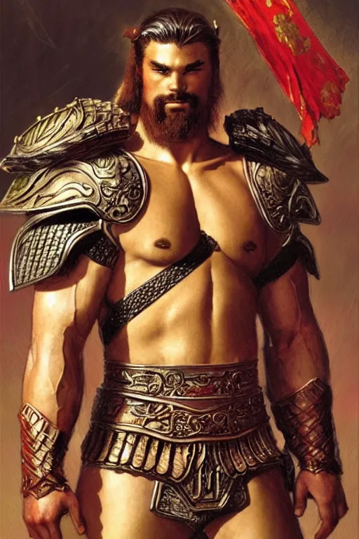 Image similar to attractive beefy male with armor, ancient china, three kingdoms, character design, painting by gaston bussiere, craig mullins, j. c. leyendecker, tom of finland