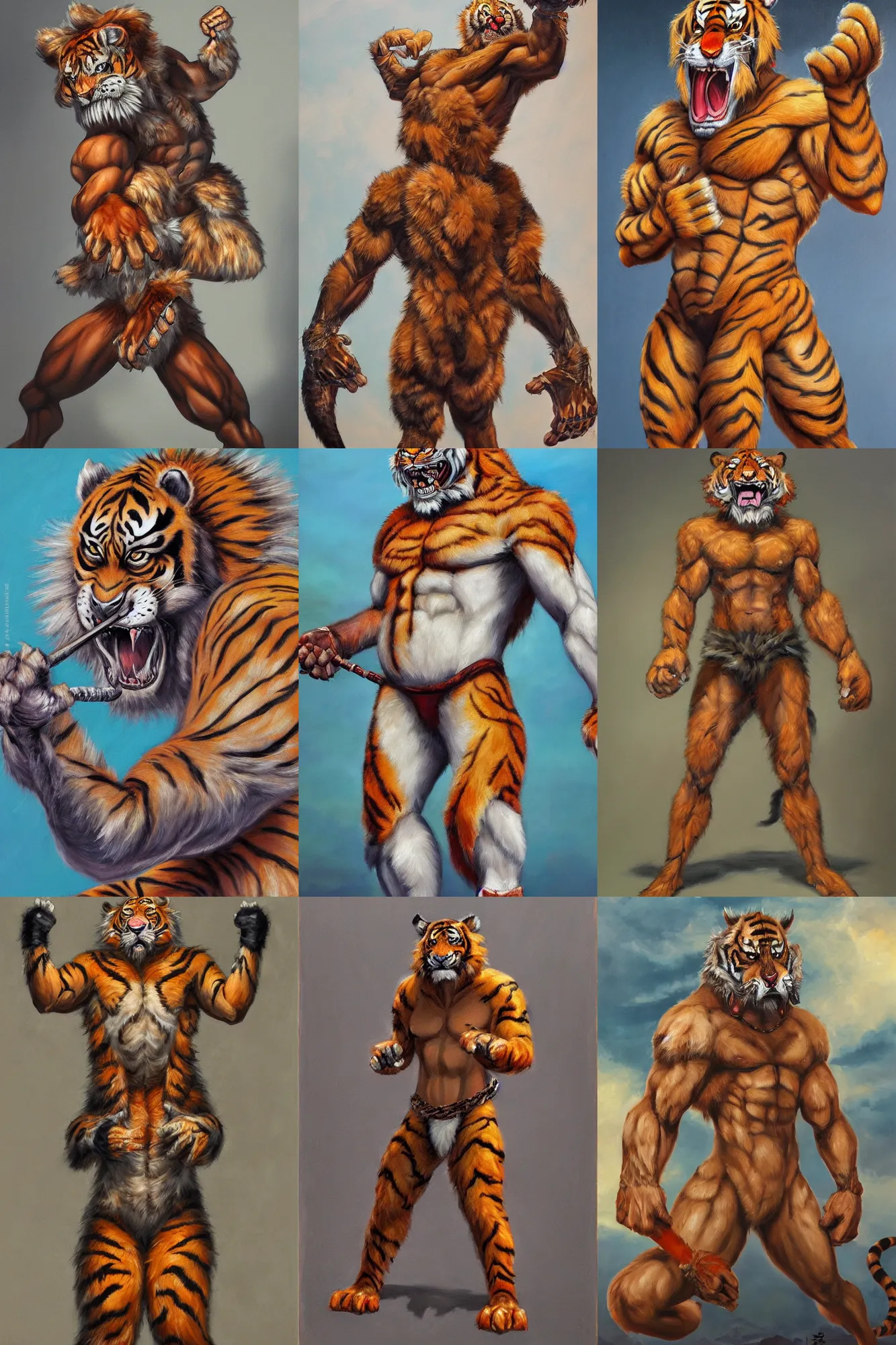 Prompt: detailed oil painting of a cool kemono fluffy anthropomorphic tiger beastman wearing loincloth and claws, posing to show his muscles, trending on artstaion