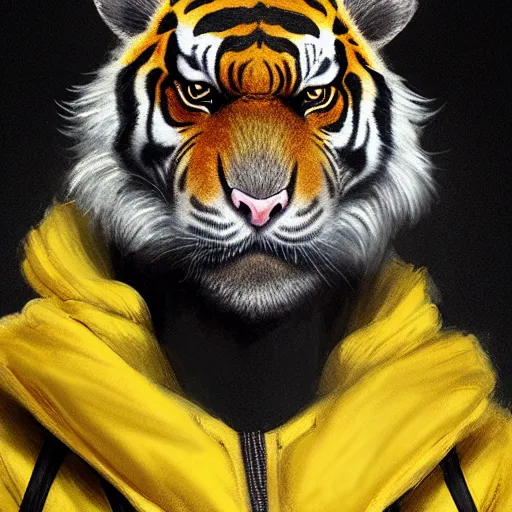 Prompt: commission portrait of a male anthro tiger wearing a black and yellow padded puffed up jacket.dramatic,character design by charles bowater,greg rutkowski,ross tran,hyperdetailed,hyperrealistic,4k,deviantart,artstation,professional photography,concept art