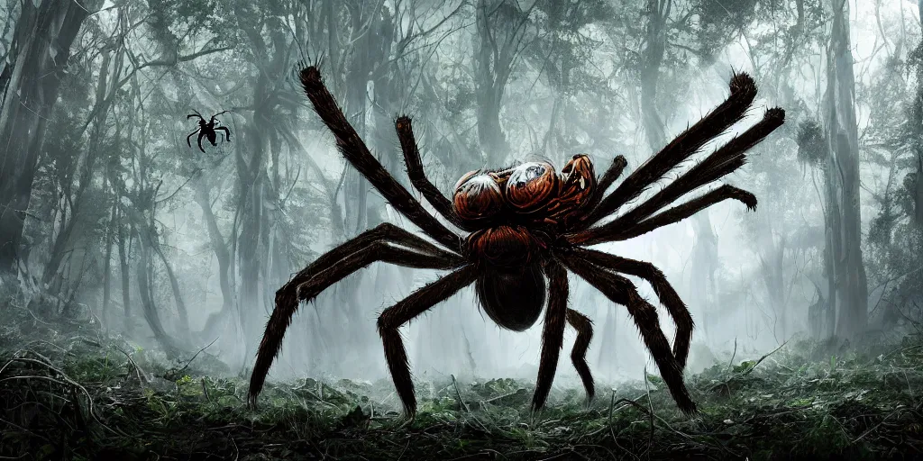 Prompt: huge spider monster in a dense forest, creeping from behind, dark fantasy, 4k, highly detailed, wallpaper, trending on ArtStation, prints available