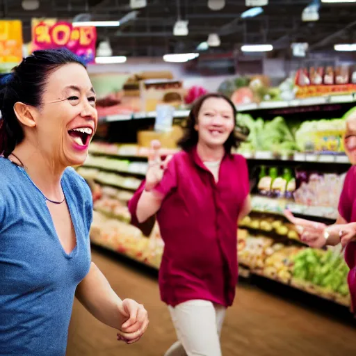 Prompt: a one toothed smiling crazy woman is running around a trader joes with 3 crew members trying to catch her, photorealistic, 8k