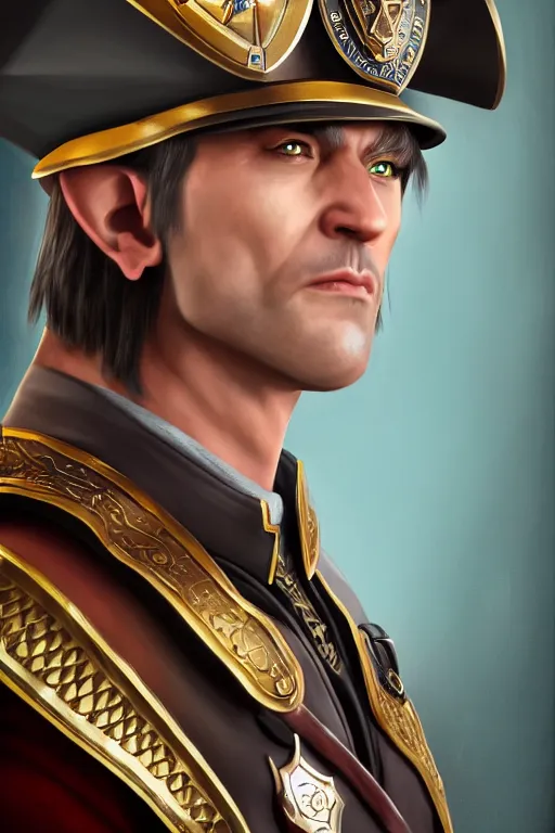 Image similar to high elf mall cop with a sheriff's badge, they are shifty and incompetent, Oil Painting, hyperrealistic, Detailed Digital Art, RPG portrait, 3/4 bust, dynamic lighting, Highly Detailed, Cinematic Lighting, 8k, HD