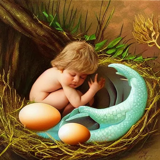 Image similar to baby mermaid next to a ooen egg in a nest, realistic, high detailed, fantasy art, anne geddes