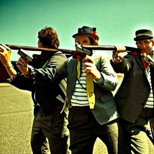 Prompt: a gang of clowns holding shotguns, film still, gritty, somber, action movie