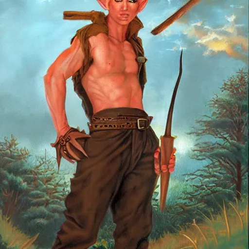 Image similar to an elf with spiky blonde hair wearing dark brown overalls and holding dynamite. painting by Gerald Brom