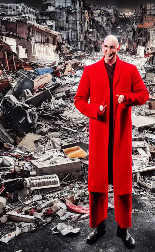 Image similar to cinematic scene of a bald comedian in red coat performing comedy show on top of dead bodies in streets of an apocalyptic metropolis destroyed after war, dramatic lighting, insane details