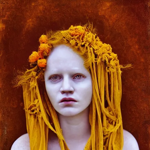 Image similar to realistic expired kodak film portrait of albino india woman tentacled creature mix, marigold celestial vibe, hyperrealism, hypermaxiymalism, photorealistic, detailed, atmospheric, 8 k, award winning photography, cinematic