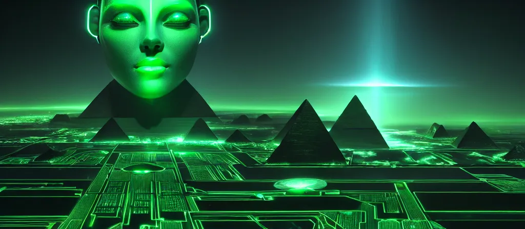 Image similar to the ethereal god of technology close shot the gift of green circuits to humanity. immaculate matte painting. fantastic. velvet and emerald. high key studio lighting. fractal dreams. ancient egypt, trending on artstation, cgsociety, ps 5, uhd 8 k cryengine