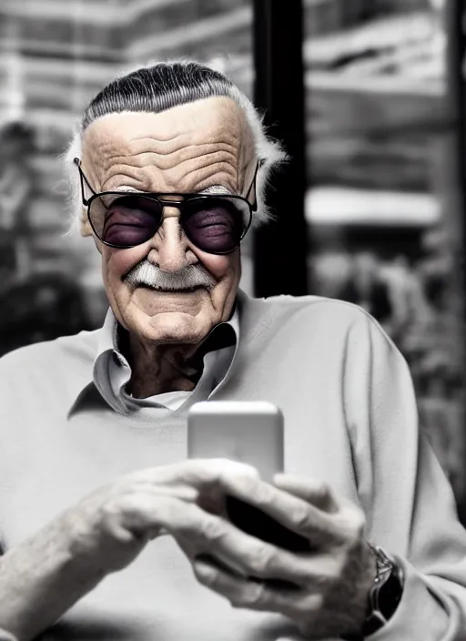 Image similar to stan lee sitting inside a starbucks and taking a picture of his drink cup with his iphone 1 2, black and white photo, real, photorealistic