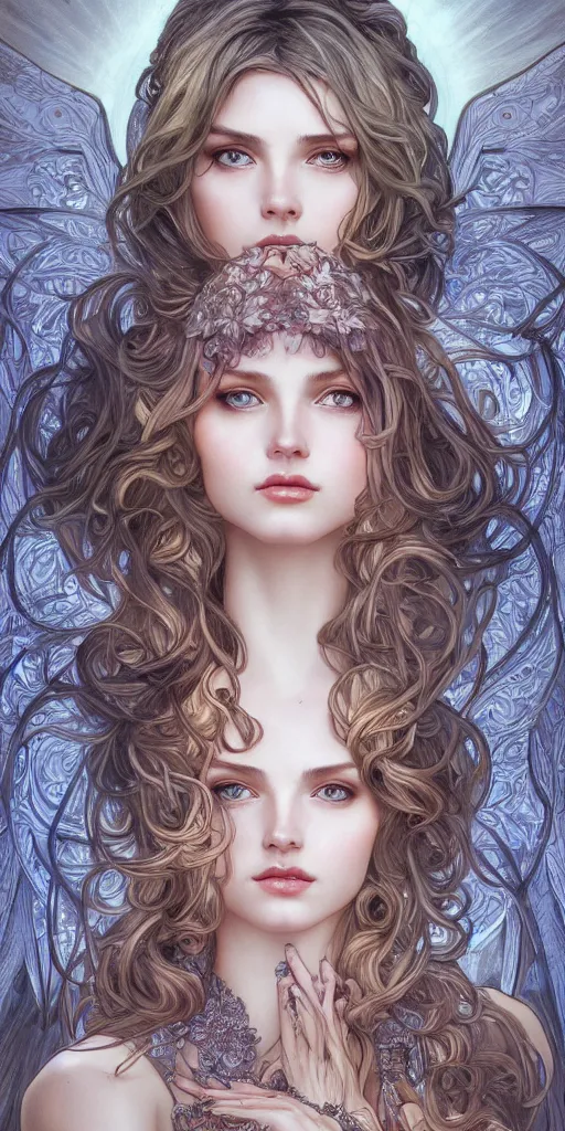 Image similar to a photograpic portrait of a pretty woman, angel, fantasy, intricate, elegant, highly detailed, digital painting, artstation, centered, concept art, smooth, sharp focus, illustration, art by artgerm and h r giger and alphonse mucha