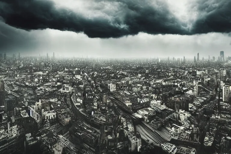 Prompt: dark menacing clouds approaching a city, clouds, photography, hd, moody, realistic, by karcz, michal, by lacoste, raphael