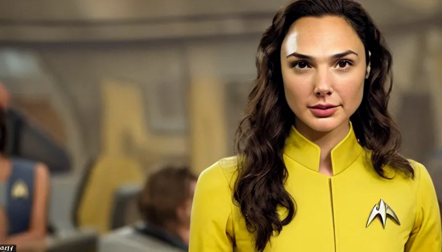 Image similar to Gal Gadot, wearing a yellow uniform, is the captain of the starship Enterprise in the new Star Trek movie