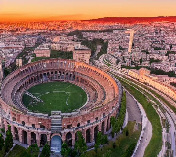 Image similar to A full shot of the roman colosseum designed by zaha hadid, overhead view, golden hour, 4K Photograph