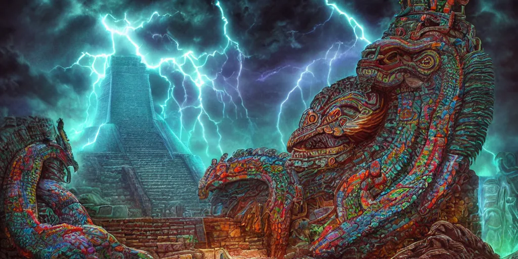 Prompt: Quetzalcoatl the feathered serpent deity hovering above a giant mayan temple by Liam Wong and Boris Vallejo, stone carving, colorful, glyphs, rocket, wall of a tomb, highly details, realistic, cinematic lightning, medium shot, mid-shot, highly detailed, trending on artstation, Unreal Engine 4k