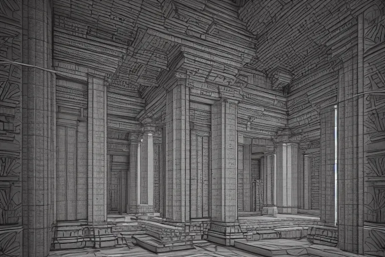 Image similar to depthmap of geometric ancient temple, elegant, highly detailed, smooth, sharp focus, beautiful, geometric, trending on artstation, cinematic, artwork by WLOP