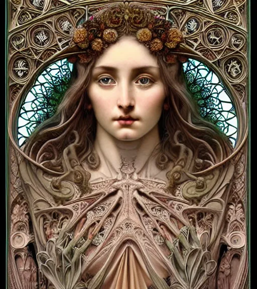 Image similar to hyperrealistic detailed face portrait of a beautiful young goddess morphing into a gothic cathedral, authentic ornamental architecture, intricate and highly detailed, awe inspiring art by ernst haeckel, h. r. giger, alphonso mucha, android jones, james jean, gothic, neo - gothic, heavily ornamental, nice deep colours,